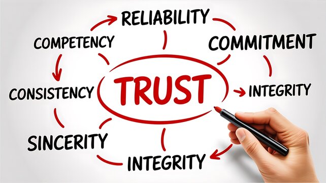 Trust business concept with reliability integrity commitment and competency keywords on white background
