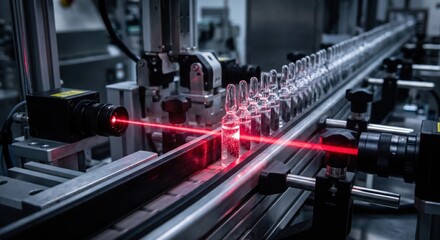 Fototapeta premium Sealed glass medical ampoules passing rapidly in front of an intense red laser beam