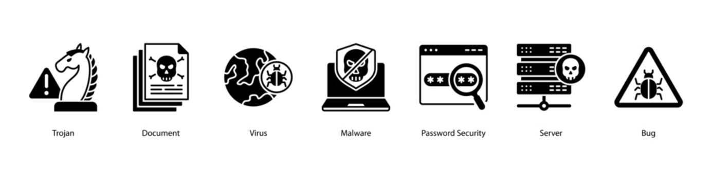 Data Protection web banner icon vector illustration featuring Trojan, Document, Virus, Malware, Password Security, Server, and Bug.