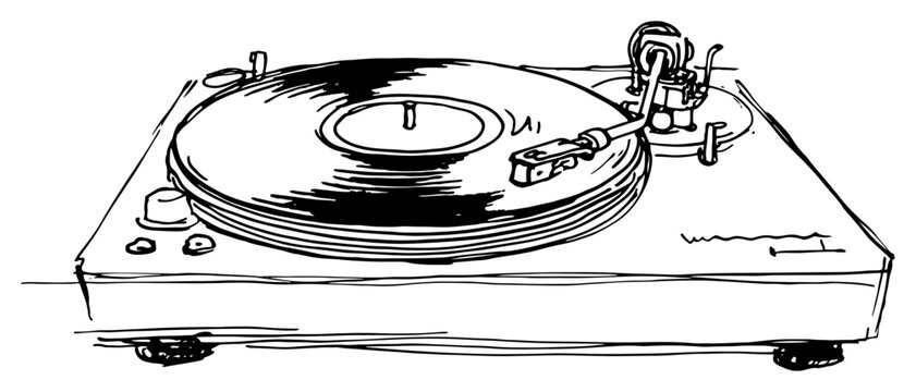 Vinyl record player turntable with stylus for analog music listening minimalist hand drawn sketch style