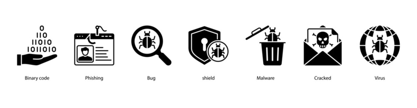 Cyber Forensics web banner icon vector illustration featuring Binary Code, Phishing, Bug, Shield, Malware, Cracked, and Virus.