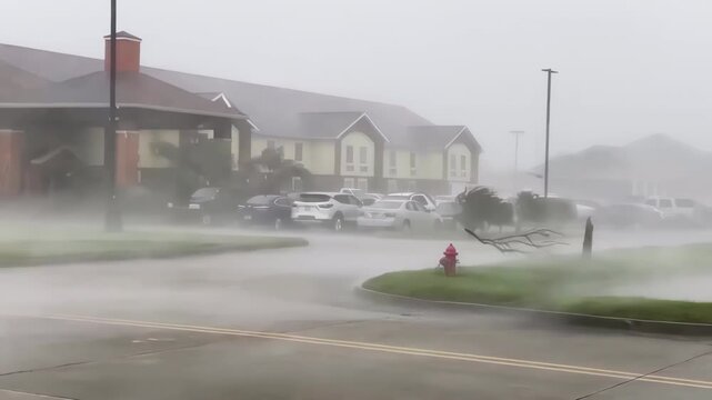 Extreme hurricane-force winds are battering houses and cars.