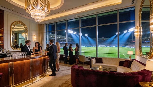 Luxury Suite View: A sophisticated lounge area with elegant decor and a panoramic view of a floodlit stadium at night, offering an exclusive viewing experience.