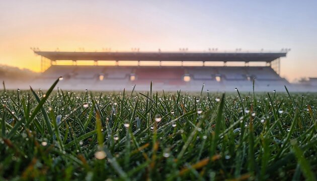 Misty Morning Stadium: A sports stadium stands in the early morning mist, with dew drops clinging to the lush green grass in the foreground, hinting at the calm before the game.