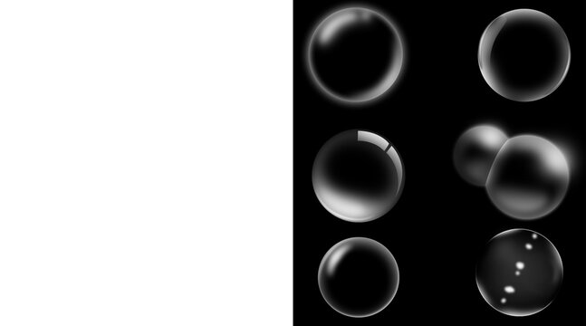 Realistic soap bubbles set on black background, transparent water spheres with light reflections, glossy liquid orbs for creative design overlays
