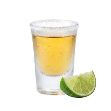 Frosted tequila shot with salted rim and lime