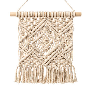 Handmade macrame wall hanging on wooden stick