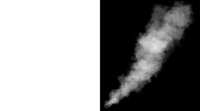 Atmospheric white smoke plume on black background, realistic steam trail illustration, ethereal fog and vapor cloud for overlay effects