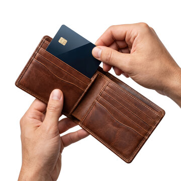 Hands inserting blue credit card into leather wallet