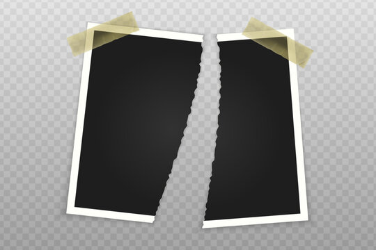 Ripped torn paper photo frame template. Broken edge vintage snapshot scrapbook layout design vector. Old instant print picture collage background element graphic.