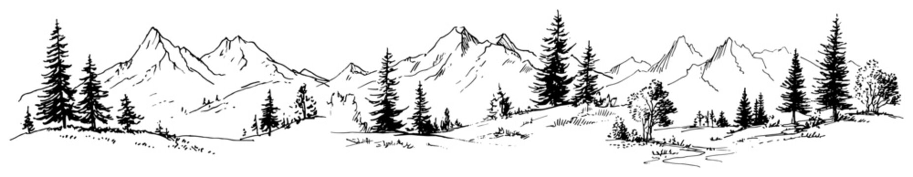 Mountain range with pine forest panorama minimalist hand drawn sketch style
