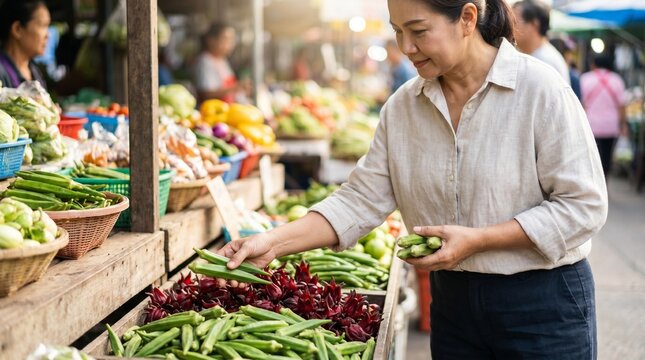 Thai Woman Selects Okra At Market Stall