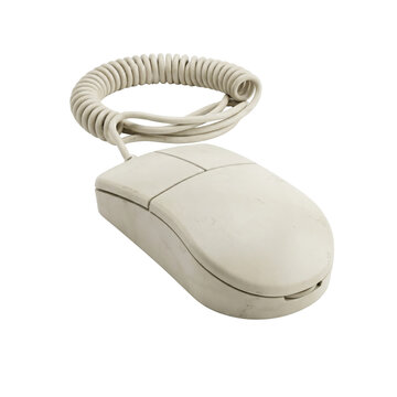 Retro beige computer mouse with coiled cord