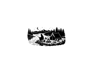 Obraz premium Camping, outdoor adventure, nighttime scene, vector illustration, black and white