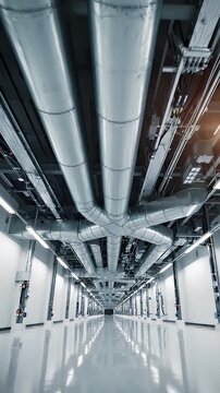 Industrial Cleanroom Ventilation System - A perspective view looking down a long, clean, modern corridor lined with bright white walls and a highly reflective floor.