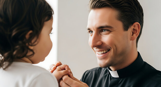 Smiling catholic priest holds the hands of a little child during blessing. Happy clergyman in black cassock and white collar talking to baby, premium clean beautiful authentic studio commercial photo.