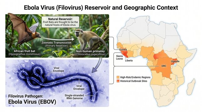 Ebola virus reservoir, transmission, and geographic distribution map