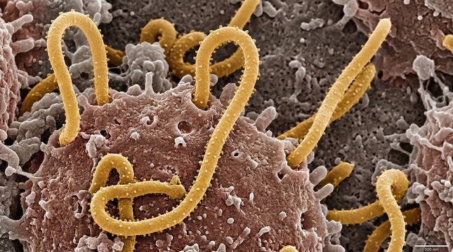 Scanning electron micrograph of ebola virus particles budding from a cell