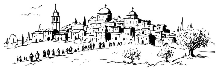 People traveling toward an ancient town with domes and towers minimalist sketch style © Celestynka