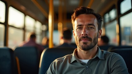 Fototapeta premium Male passenger with short dark hair and beard sits in a bus, sunlight streaming through windows, other passengers visible in the background