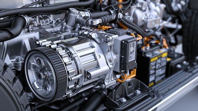Medium shot of a light trucks powertrain featuring a 48V mild hybrid beltdriven startergenerator module with accompanying electronic controller setup.