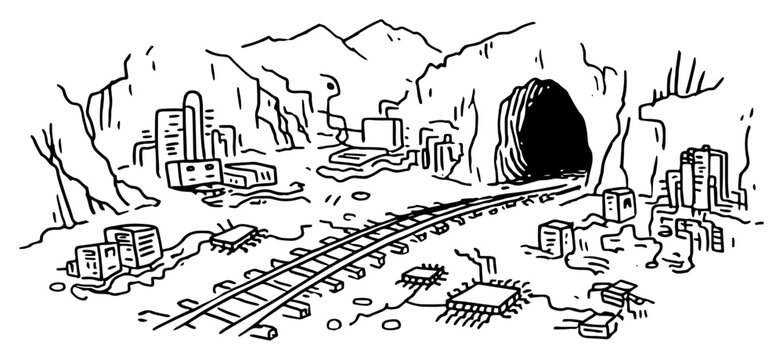 Railroad tracks entering mountain tunnel with computer chips and industrial buildings in hand drawn sketch style