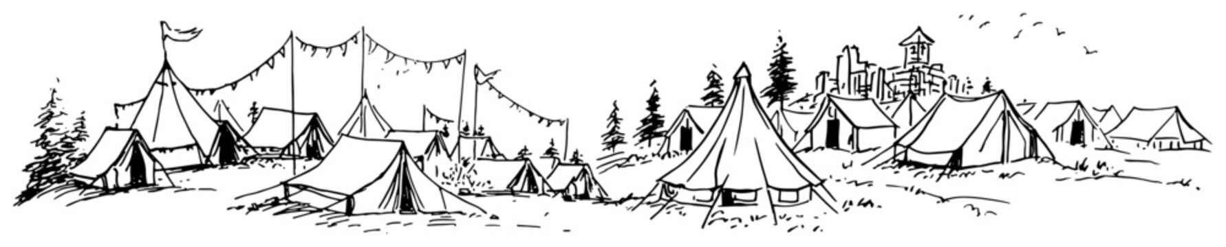 Campsite with rows of triangular tents and pine trees in wilderness in hand drawn ink sketch style