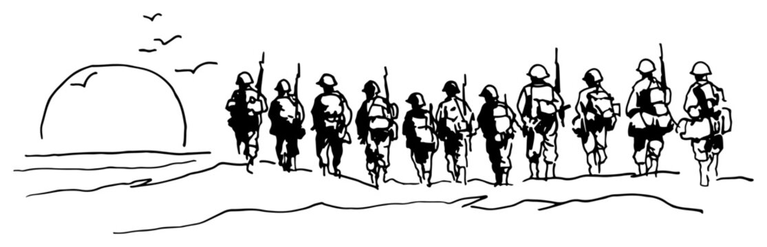 Soldiers marching towards the horizon at sunset minimalist sketch style