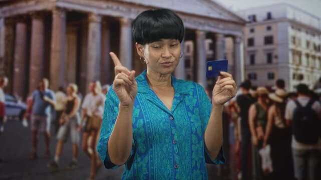 Young chinese woman holds blue creditcard and points index finger while facing camera in front of historic stone building with tourist crowd; skepticism.