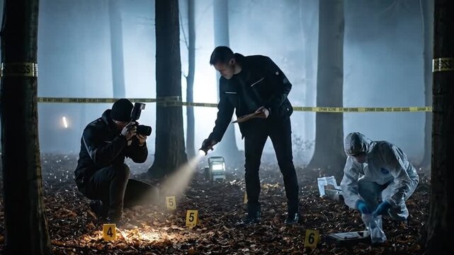Forensic team and detectives with flashlights collecting evidence and taking notes at a restricted crime scene in night autumn woods with dense mist. 4K Ultra Video.