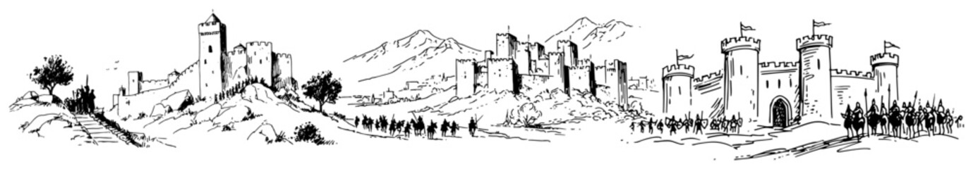 Obraz premium Medieval castles and stone fortresses stand on mountain hills in wide panoramic line art style