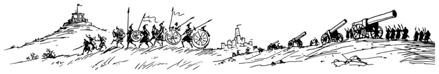Naklejka premium Army marching with cannons and soldiers towards hill in hand drawn sketch style