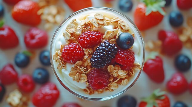Overhead view of healthy yogurt parfait with fresh berries and granola.