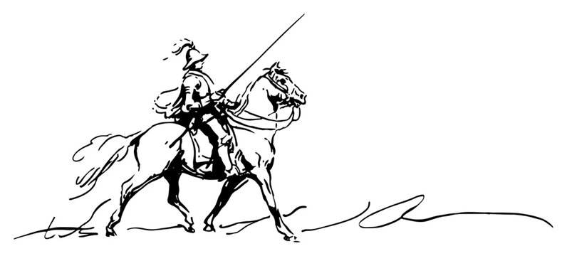 Knight riding a horse carries a long lance in minimalist black and white line art style