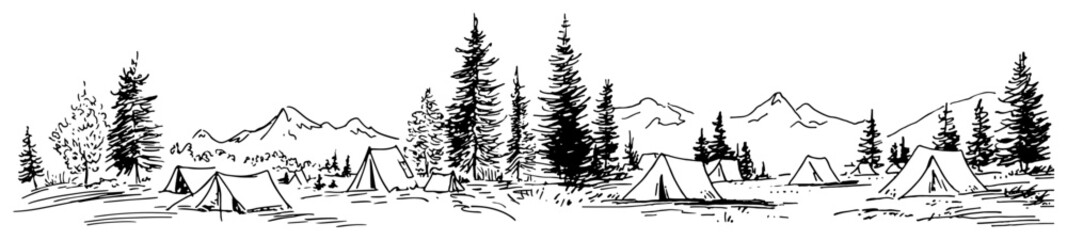 Camping site with tents in a pine forest and mountain background in panoramic line art style © Celestynka