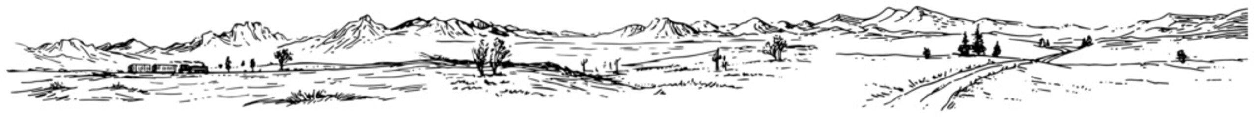 Obraz premium Mountain landscape panorama with a country road and hills in minimalist line art style