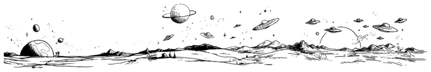 Space landscape with flying saucers planets and stars in a wide panorama minimalist sketch style © Celestynka