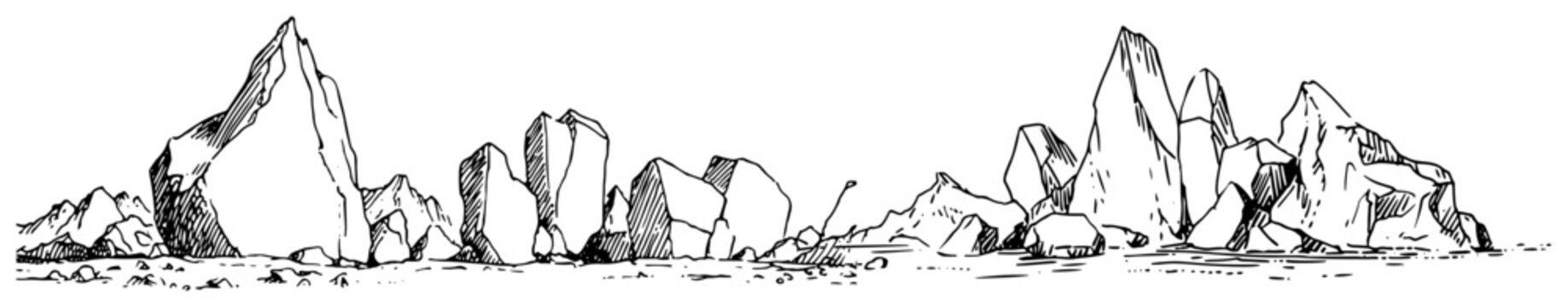 Rocky formations and large boulders in desert landscape sketch style