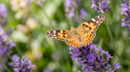 Fototapeta premium butterfly lavender flower wings macro sunlit texture lifestyle concept detail sunlit angle highlights texture color atmosphere and natural visual appeal delicate insect resting on purple blooms