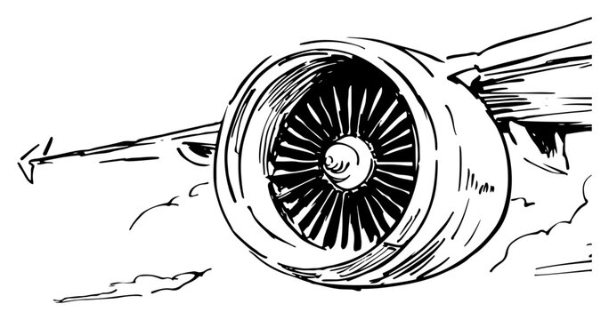 Airplane jet engine and wing close up in hand drawn ink sketch style
