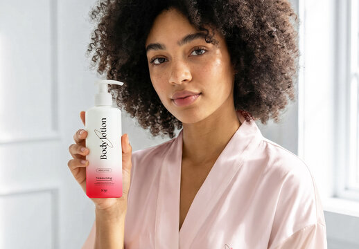 Body Lotion Bottle Mockup Held by Model