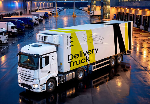 Delivery Truck Trailer Mockup at Logistics Center