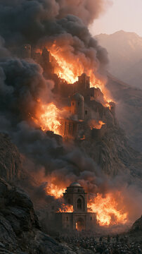 Mongol warriors lay siege to the Alamut fortress amidst flames and chaos