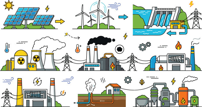 Renewable and Nonrenewable Energy Power Plant Icon Set Illustrating Industrial Electricity Generation Methods for Educational and Digital Media Designs