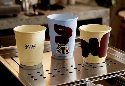 Three Paper Cup Mockups on Coffee Machine Tray