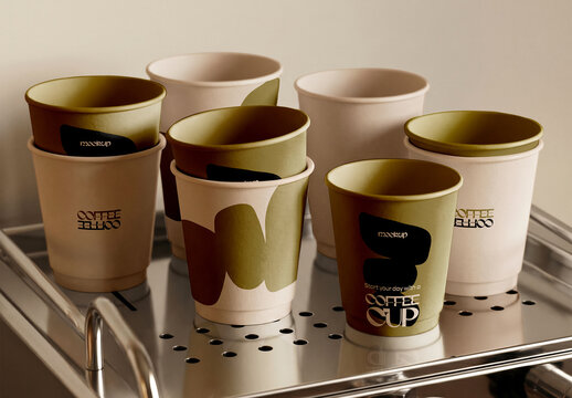 Multiple Paper Cup Mockups on Coffee Machine Tray