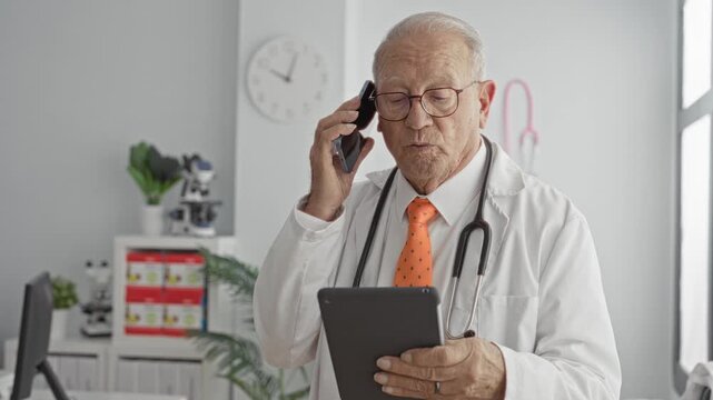 Older doctor in labcoat with stethoscope holds tablet and phone to ear, scanning medical results and notes in clinic building; concerned focus.