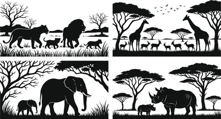 Set of African wildlife safari silhouettes featuring lions, giraffes, elephants, and rhinos in natural savanna habitat scenes © Abida