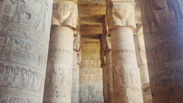 Beautiful vaults and bas-reliefs in the ancient temple complex of Dendera, Qena, Egypt.