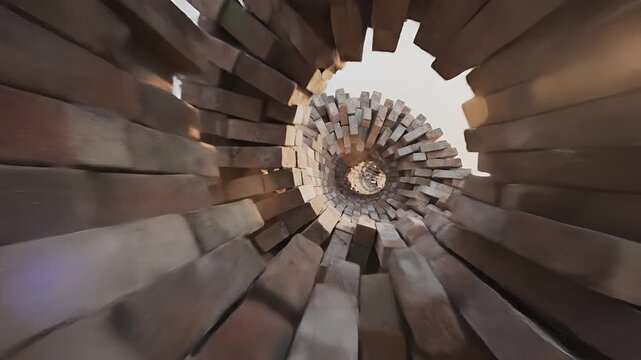 Abstract spiral brick tunnel with light at the end.